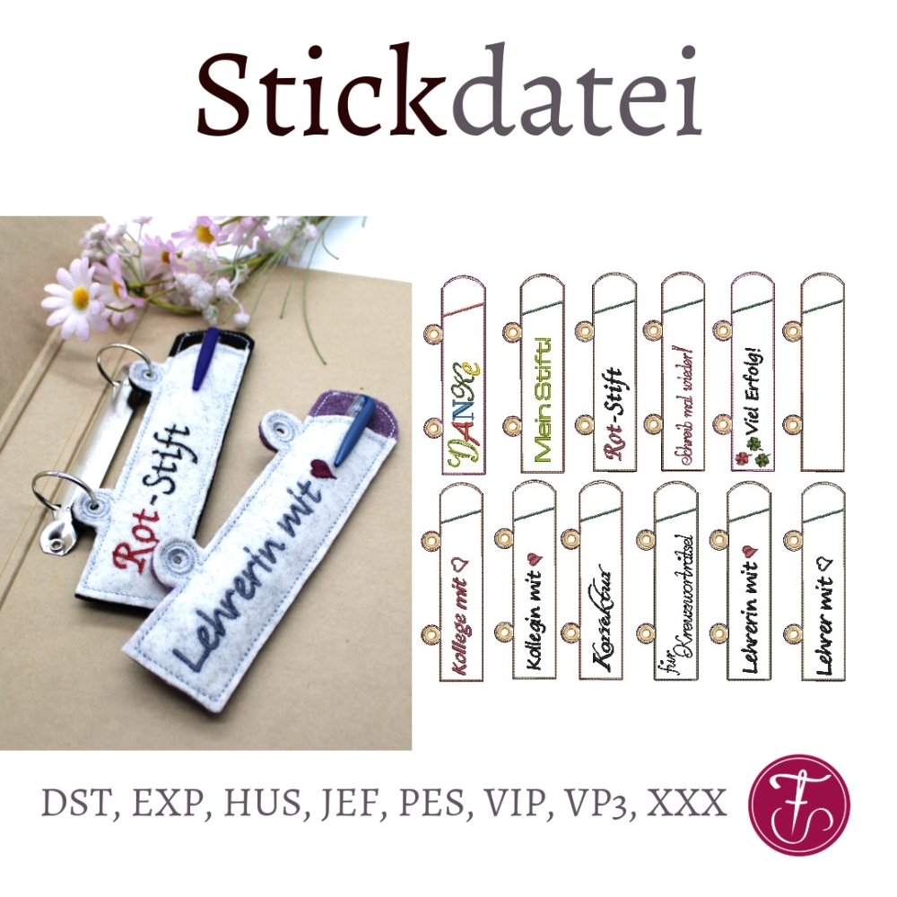 Bild 1 von ITH Stickdatei Ringbuch Ordner Etuis Stifteetui schmal für Kugelschreiber SET Teil2 
