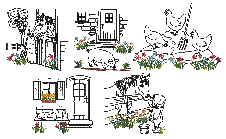 Bild 1 von Stickdatei Landleben Pferd Huhn Schwein Katze SET Redwork Konturstich  / (Stickrahmengröße) 13x18cm