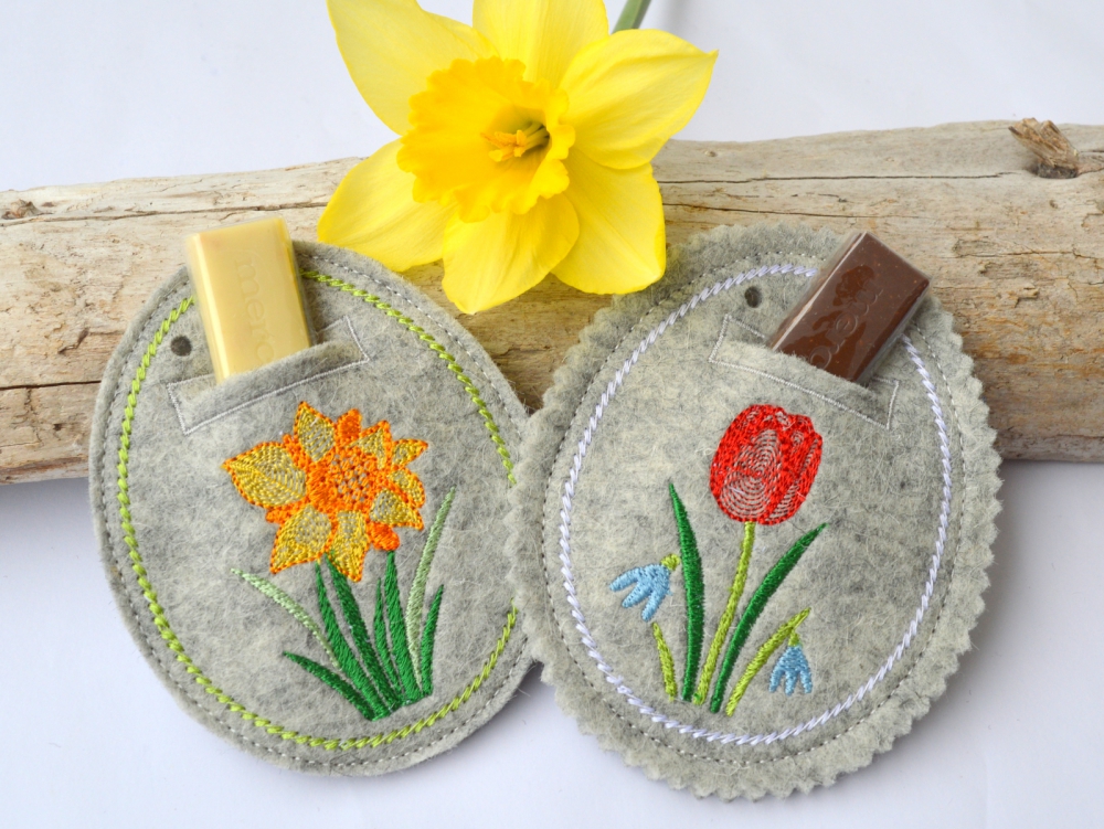 Bild 1 von ITH Stickdatei Geschenkanhänger Osterei für Glückwünsche mit Relief Blumen  / (Größe) 13x10cm
