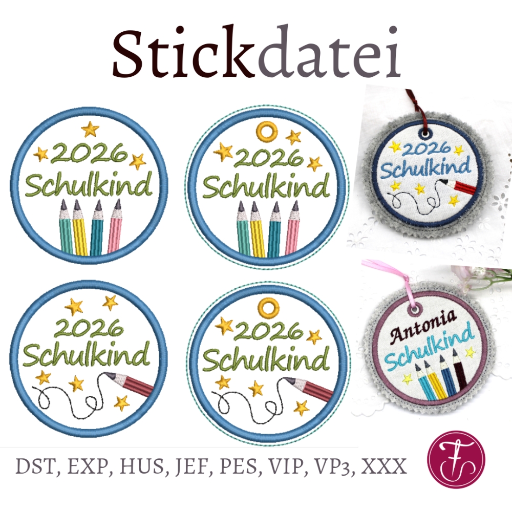 Bild 1 von Stickdatei Schulanfang 2026 2027 Applikation runde Button 10x10cm mit blanko
