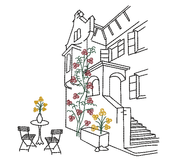 Bild 1 von Stickdatei toskanisches Haus Toskana Redwork mit Blumenranke Sommer  / (Lizenz) Unlimited