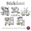 Stickdatei Landleben Pferd Huhn Schwein Katze SET Redwork Konturstich